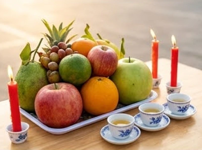 Mâm ngũ quả tươi ngon với năm màu sắc tượng trưng cho ngũ hành được bày cúng trước xe tải