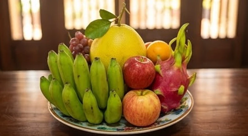Văn khấn ban Mẫu: Bài cúng chuẩn và trình tự dâng lễ tại đền chùa 3 Đĩa ngũ quả tươi tắn với các màu sắc rực rỡ được sắp xếp trang trọng dâng lên ban Mẫu