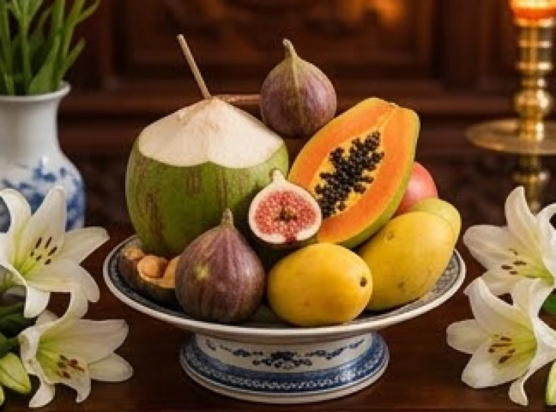 Đĩa ngũ quả sung mãng cầu đu đủ xoài tươi ngon xếp đẹp mắt dâng lên đền thờ