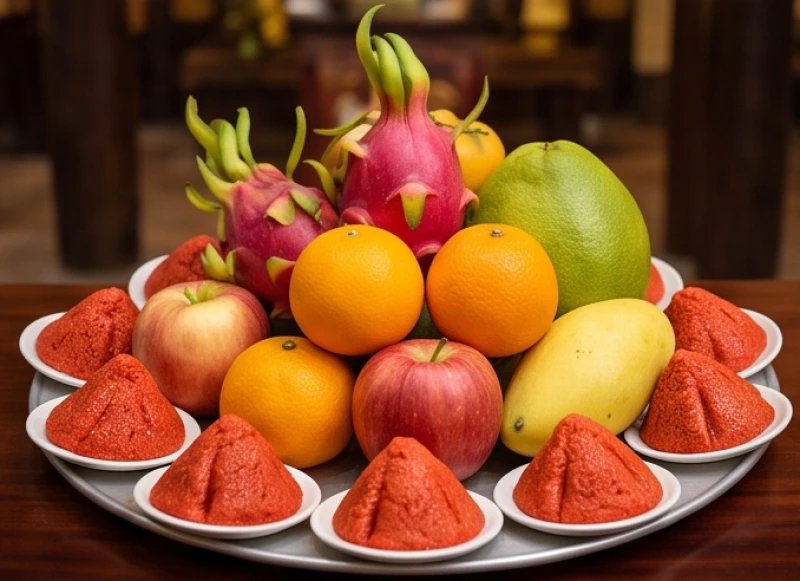Mâm ngũ quả tươi ngon kết hợp cùng các phẩm oản đỏ được lau dọn sạch sẽ trước khi dâng cúng
