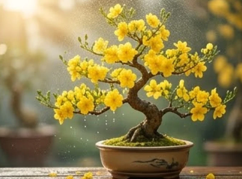 Gia chủ tuổi Mão chọn người xông đất năm 2027: theo từng nạp âm 2 Chậu cây mai vàng rực rỡ được tưới mát dưới ánh nắng mai tượng trưng cho năng lượng Thủy dưỡng Mộc
