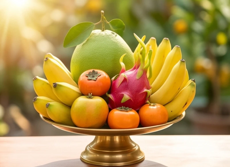 Mâm ngũ quả tươi sáng gồm năm loại trái cây đặt trang trọng trên bàn cúng