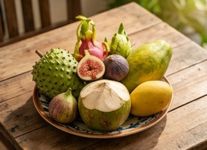 Mâm ngũ quả miền Nam rực rỡ với mãng cầu, sung, dừa, đu đủ và xoài tượng trưng cho sự sung túc