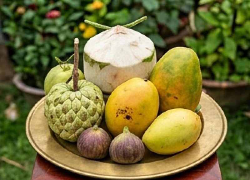Mâm ngũ quả phong cách miền Nam ngụ ý cầu vừa đủ xài sung với các loại trái cây mãng cầu, dừa, đu đủ, xoài và sung
