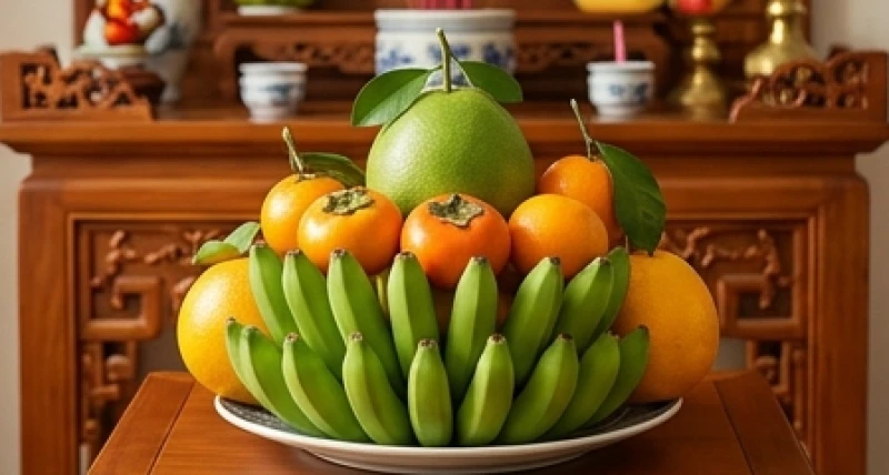 Mâm ngũ quả ngày Tết truyền thống với nải chuối xanh ngửa lên nâng đỡ các loại quả khác