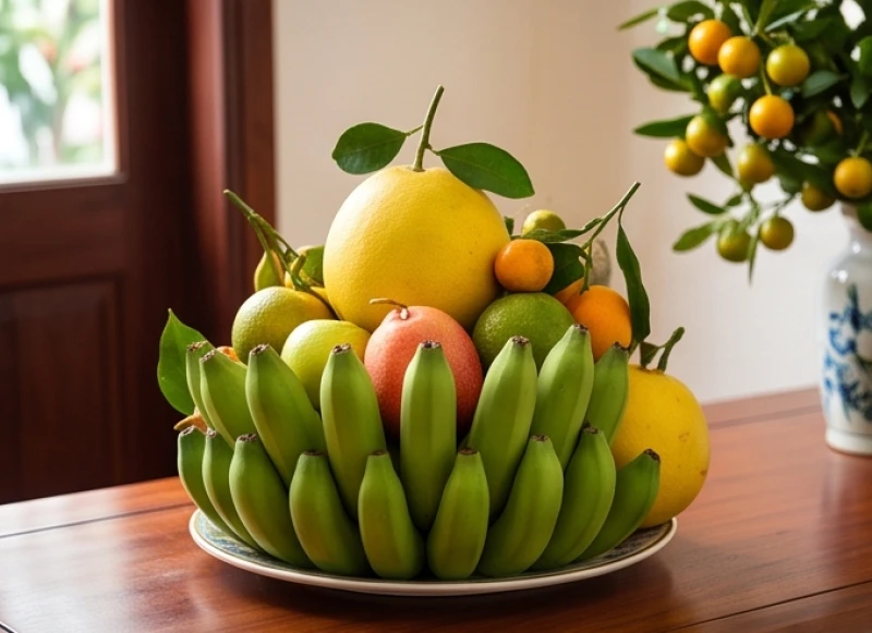Mâm ngũ quả ngày Tết được bài trí đẹp mắt với nải chuối xanh, bưởi vàng và các loại trái cây tươi tắn