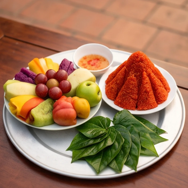 Mâm lễ chay thanh tịnh gồm ngũ quả tươi sáng, phẩm oản đỏ và trầu cau dâng lên Ban Công Đồng