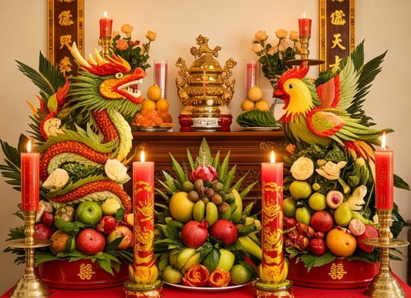 Văn khấn báo cáo gia tiên khi cưới hỏi: Bài cúng & trình tự 3 miền 5 Cặp rồng phụng kết từ trái cây tươi lộng lẫy và uy nghi trên bàn thờ gia tiên đám cưới miền Nam