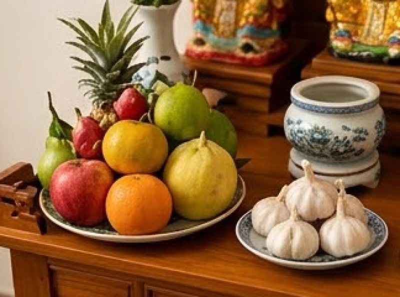 Cách bài trí bàn thờ Thần Tài cho tuổi Mão: sơ đồ chi tiết 8 Mâm ngũ quả tươi và đĩa tỏi phong thủy đặt bên ngoài bàn thờ Thần Tài
