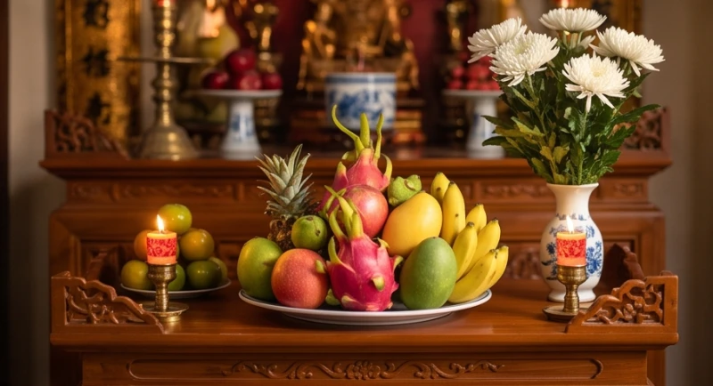 Mâm ngũ quả tươi ngon kết hợp cùng hoa cúc trắng bày trí trang nghiêm trên ban thờ