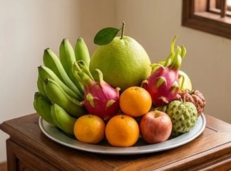 Lựa chọn các loại quả tròn trịa có vỏ bóng bẩy và màu sắc tươi sáng để bày mâm ngũ quả cúng tạ
