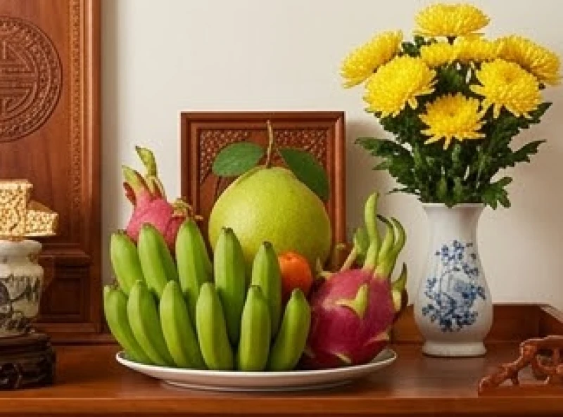 Văn khấn gia tiên mùng 2 Tết: Bài cúng chuẩn truyền thống 3 Mâm ngũ quả tươi ngon với chuối xanh, bưởi và thanh long đặt cạnh bình hoa cúc vàng rực rỡ trên bàn thờ