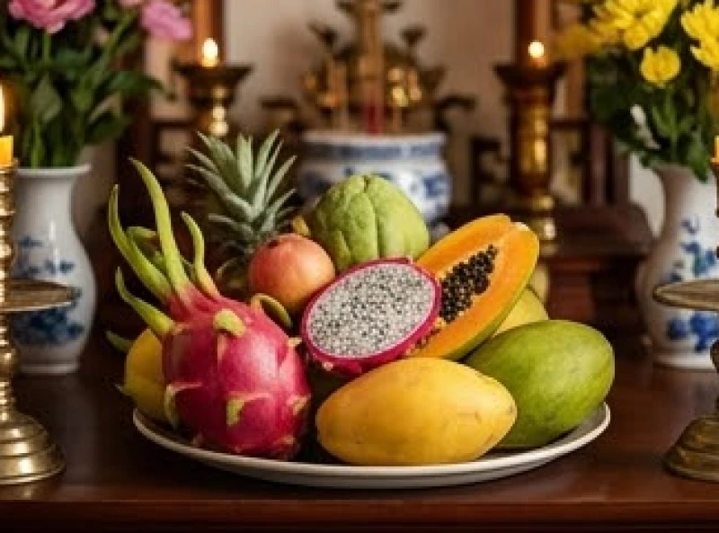 Mâm ngũ quả tươi ngon rực rỡ được sắp xếp vô cùng đẹp mắt trên bàn thờ tổ tiên