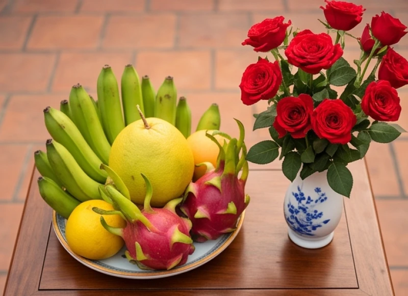 Văn khấn tạ lễ Tam Tai cuối năm: Mâm cúng, ngày giờ và bài khấn 8 Mâm ngũ quả tươi ngon với năm màu sắc rực rỡ đặt cạnh bình hoa hồng đỏ đang nở rộ trên bàn cúng tạ ơn