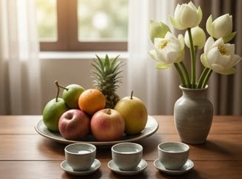 Văn khấn ngày mất Chủ tịch Hồ Chí Minh: Mâm lễ & bài cúng chuẩn 3 Mâm lễ vật chay thanh tịnh gồm trái cây tươi, chén nước tinh khiết và hoa tươi dành cho ngày cúng giỗ