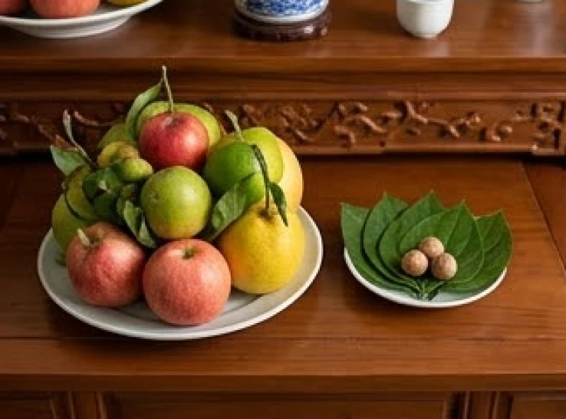 Mâm ngũ quả tươi ngon cùng đĩa trầu cau được sắp xếp gọn gàng thanh tịnh dâng lên tổ tiên trước ngày đi xa