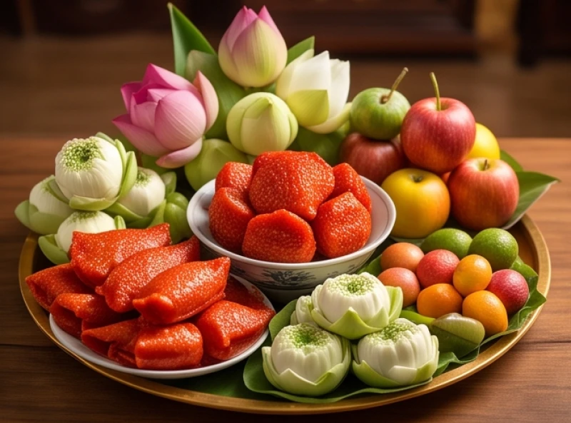 Mâm lễ chay dâng Mẫu gồm oản đỏ, hoa tươi và trái cây tươi tắn trang nghiêm