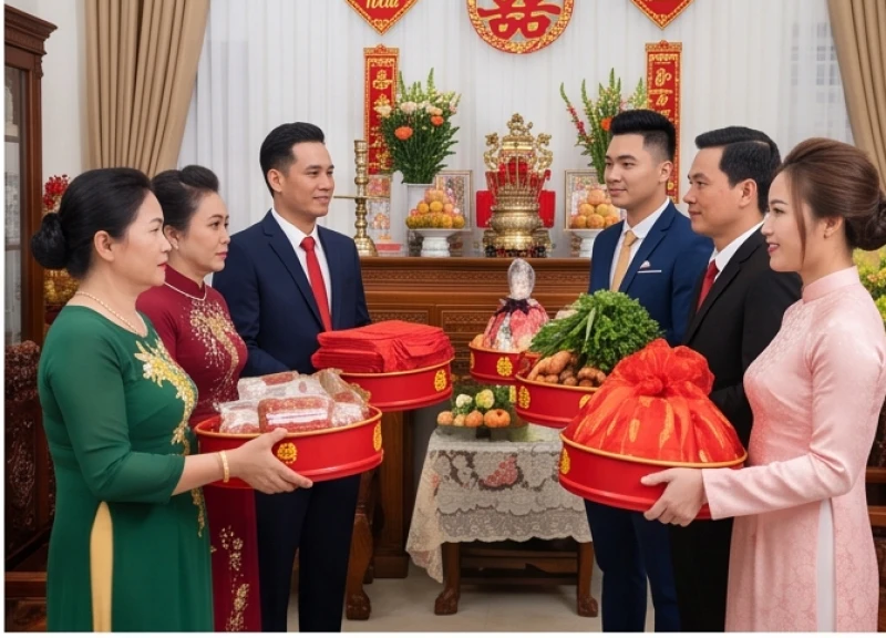Đoàn nhà trai bưng các tráp sính lễ đỏ tiến vào không gian làm lễ trước ban thờ nhà gái