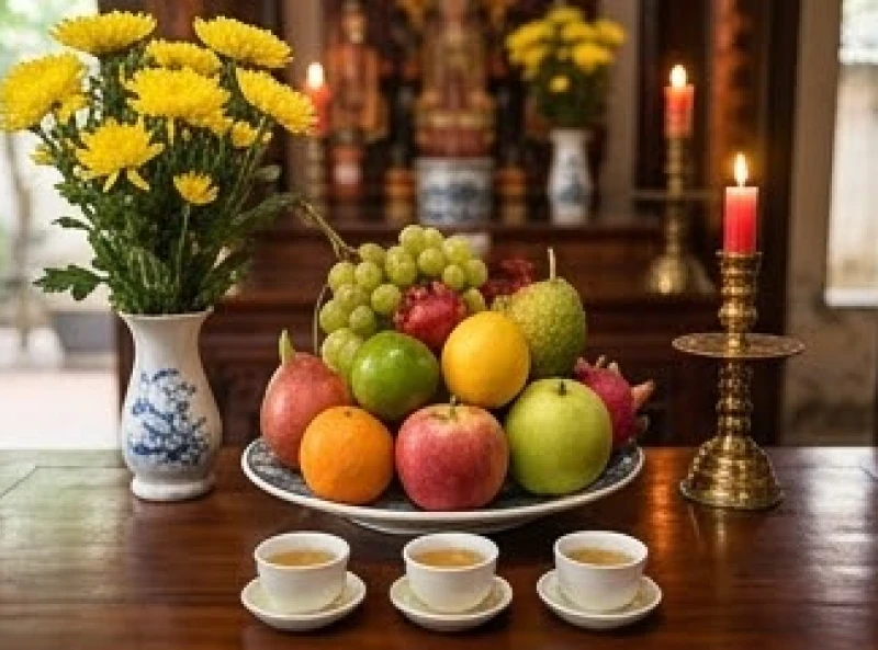 Văn khấn miếu Bà: Trình tự dâng lễ và bài cúng chuẩn 3 Mâm cúng ngũ quả tươi tắn và lọ hoa cúc vàng trang trọng được bày biện thanh tịnh dâng lên ban thờ Bà