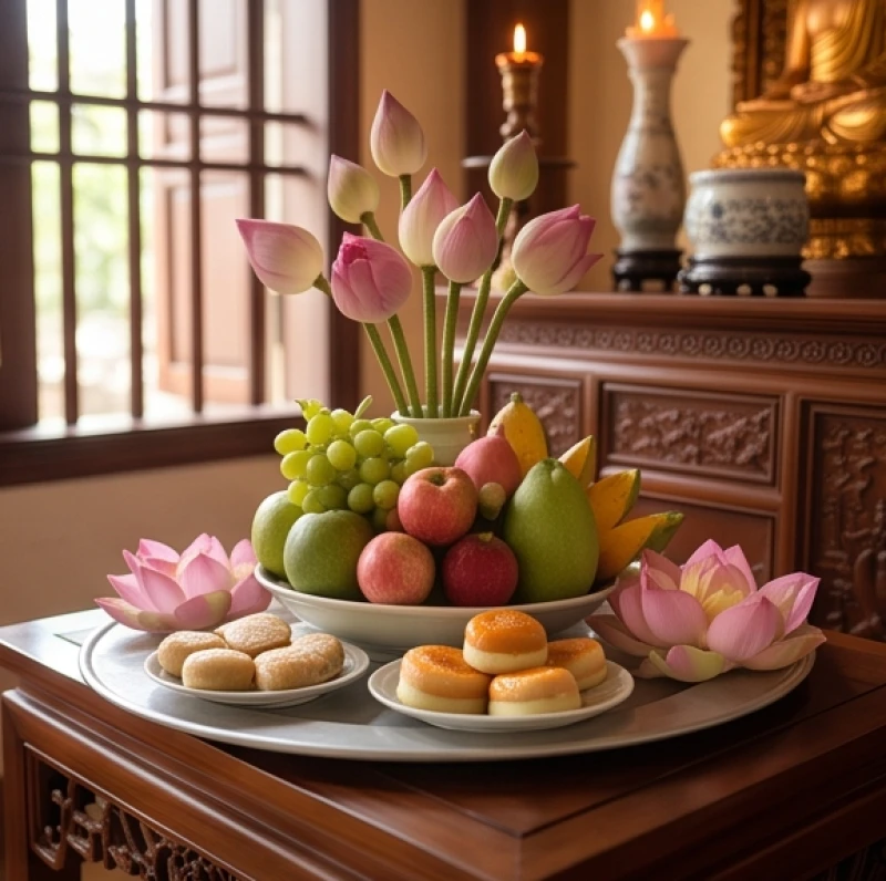 Mâm lễ cúng chay tinh khiết gồm trái cây tươi, hoa sen và oản phẩm được sắp xếp gọn gàng trên đĩa