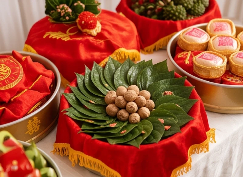 Mâm quả cưới truyền thống Việt Nam với trầu cau và bánh phu thê được trang trí đẹp mắt