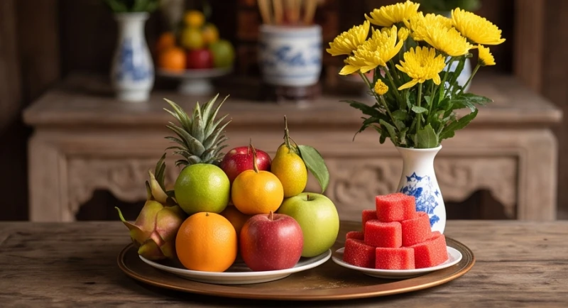 Văn khấn tạ lễ bán khoán: Bài cúng chuộc con đúng nghi thức 3 Mâm ngũ quả tươi tắn cùng oản đỏ và bình hoa cúc vàng được sắp xếp đẹp mắt để dâng lên ban Tam Bảo