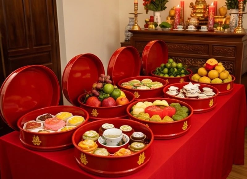 Văn khấn báo cáo gia tiên khi cưới hỏi: Bài cúng & trình tự 3 miền 9 Các mâm tráp đỏ đựng sính lễ ăn hỏi được mở nắp và bày biện ngay ngắn trước bàn thờ gia tiên nhà gái