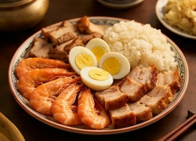 Bộ tam sên gồm tôm luộc, thịt quay và trứng gà được bày biện đẹp mắt trên mâm cúng an vị