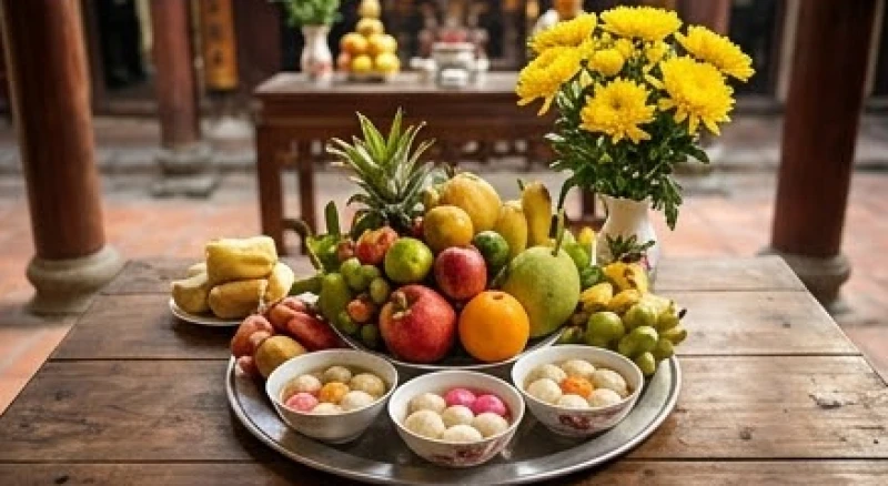 Mâm cúng chay tươm tất dâng Bà Chúa Xứ gồm ngũ quả tươi ngon, hoa cúc vàng và những chén chè trôi nước