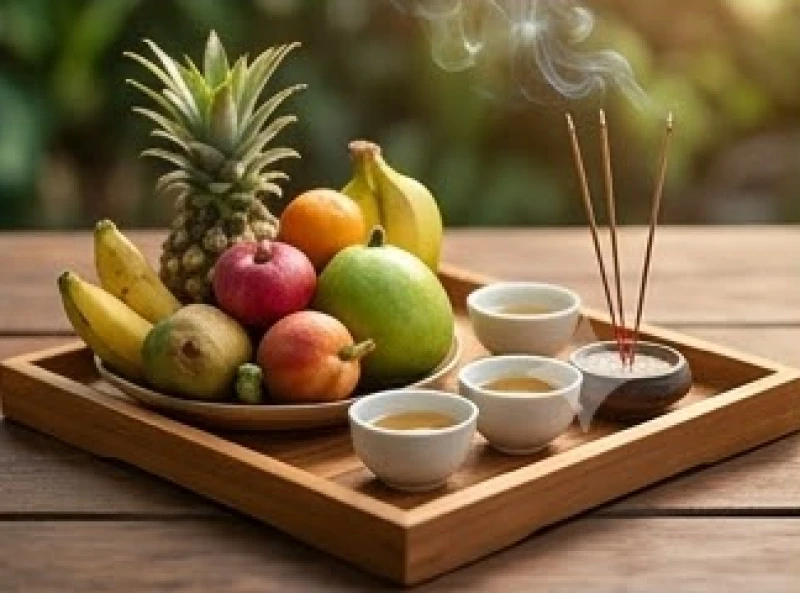 Mâm lễ vật gọn gàng gồm hoa quả tươi và đèn nhang đặt trên chiếc bàn nhỏ ngoài trời