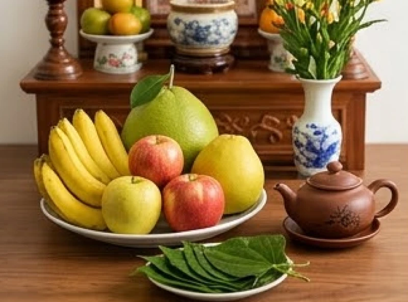 Đĩa trái cây ngũ quả tươi ngon dâng lên tạ ơn Thần Linh nhân dịp tròn một trăm ngày bát hương tụ khí