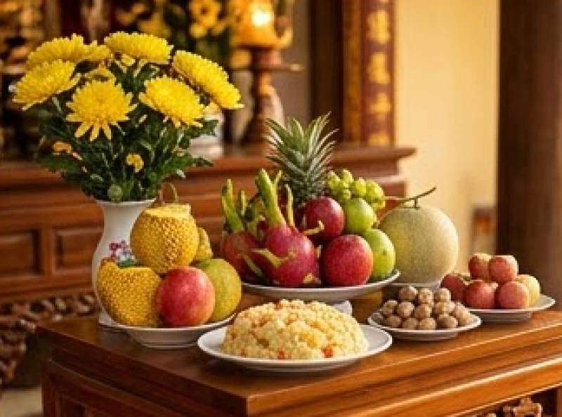 Lẵng hoa cúc vàng rực rỡ cùng đĩa trái cây ngọt ngào thanh long và dưa lưới dâng lên ban thờ tạ ân