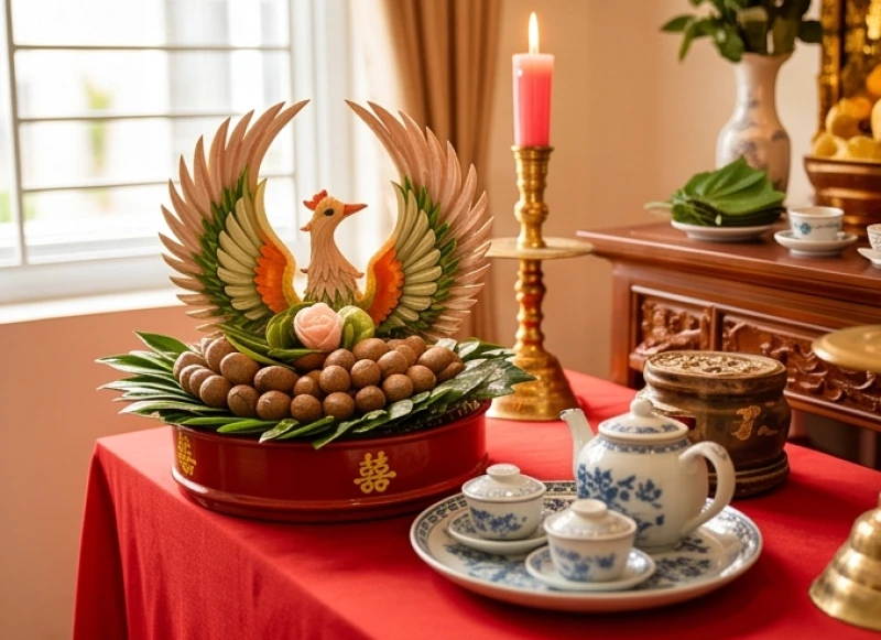 Văn khấn báo cáo gia tiên khi cưới hỏi: Bài cúng & trình tự 3 miền 8 Cơi trầu cau têm cánh phượng và bình trà mạn được dâng lên bàn thờ gia tiên trong buổi lễ dạm ngõ