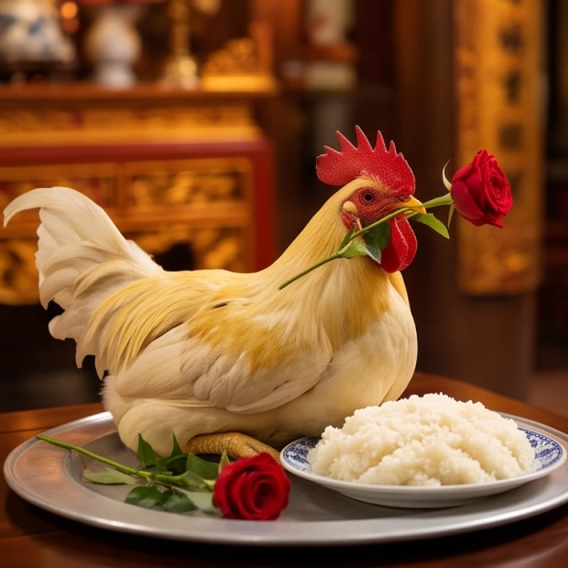 Đĩa xôi trắng và gà trống luộc ngậm hoa hồng đỏ được dùng làm mâm lễ mặn dâng ban Thổ Vượng