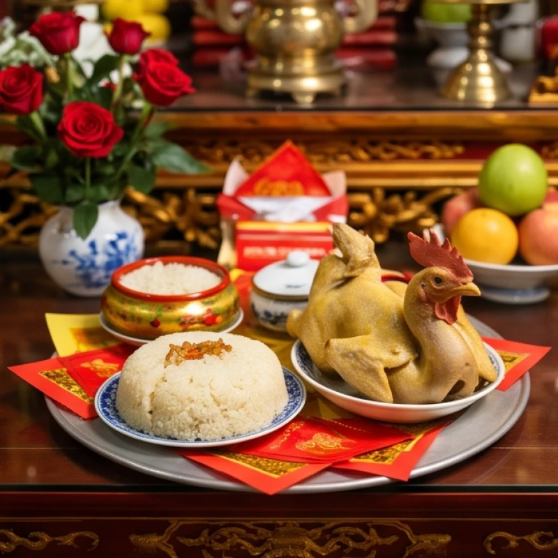 Mâm lễ mặn tiêu chuẩn gồm xôi trắng và gà luộc dâng lên ban Công Đồng Tứ Phủ