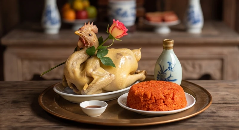 Văn khấn tạ lễ bán khoán: Bài cúng chuộc con đúng nghi thức 4 Mâm cúng mặn gồm xôi gấc đỏ tươi, gà luộc chéo cánh và cút rượu trắng dâng tạ ban Đức Ông