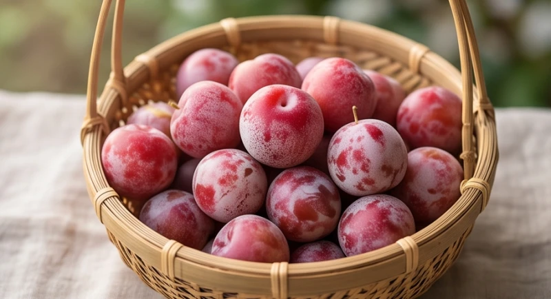 Mơ thấy cây mận: Giải mã điềm báo Bắc Nam và số tài lộc 5 Rổ mận Tam Hoa nhỏ nhắn với lớp phấn trắng phủ đều bên ngoài lớp vỏ đỏ