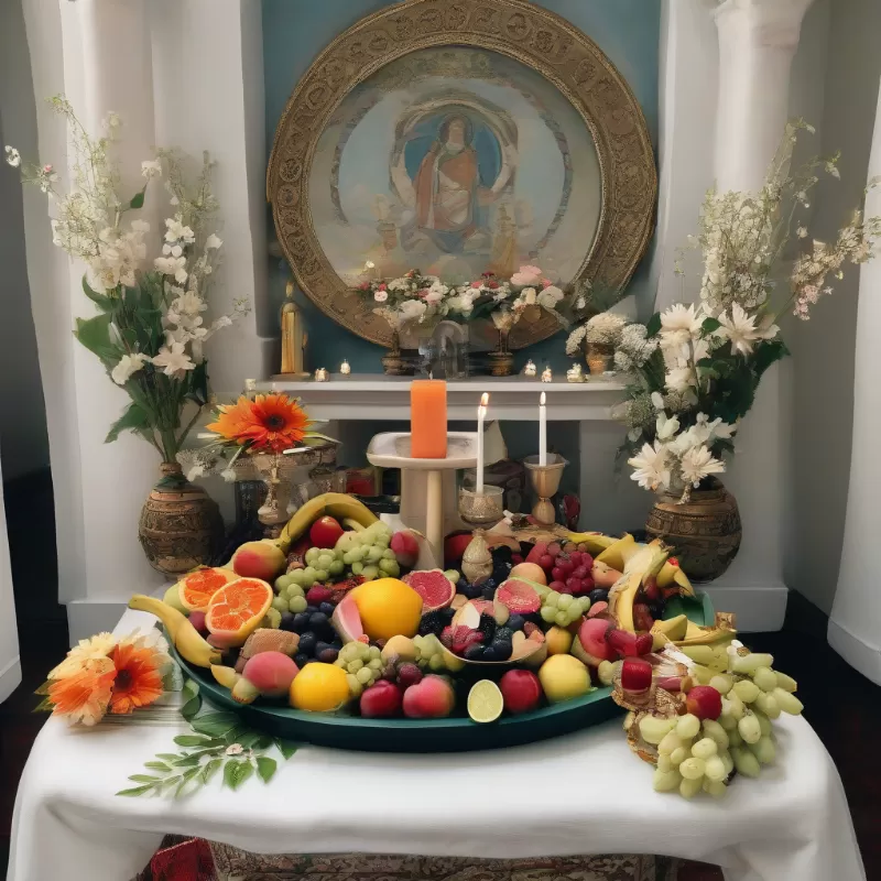 Mâm lễ cúng với hoa quả và đồ ăn đặt trên bàn thờ