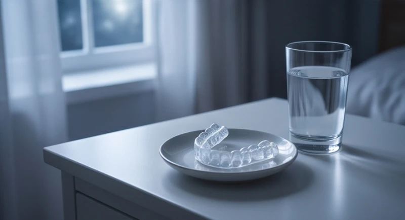 Mơ thấy rụng răng: Điềm báo, con số may mắn và lý giải khoa học 7 Một chiếc máng chống nghiến răng trong suốt đặt cạnh ly nước trên bàn ngủ, giải pháp phòng ngừa giấc mơ thấy rụng răng