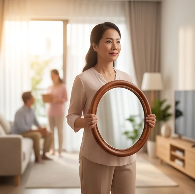Người vợ cầm chiếc gương soi tròn trên tay khi bước theo sau người mượn tuổi vào nhà mới