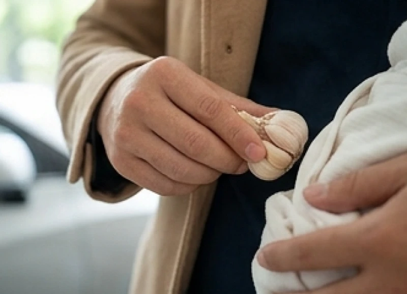 Nhánh tỏi ta được chuẩn bị cẩn thận trong túi áo người lớn để mang theo khi bế trẻ sơ sinh di chuyển từ bệnh viện về nhà