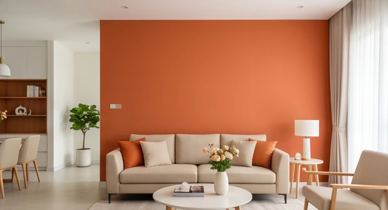 Mảng tường phía sau ghế sofa được sơn màu cam đất làm điểm nhấn nổi bật