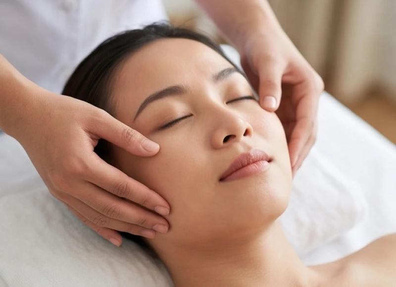 Đôi bàn tay thực hiện thao tác ấn huyệt nhẹ nhàng lên vùng xương gò má để giải tỏa áp lực dây thần kinh