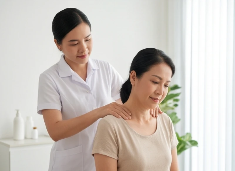 Bệnh nhân đang được kỹ thuật viên xoa bóp vùng cổ vai gáy để giảm đau cứng khớp