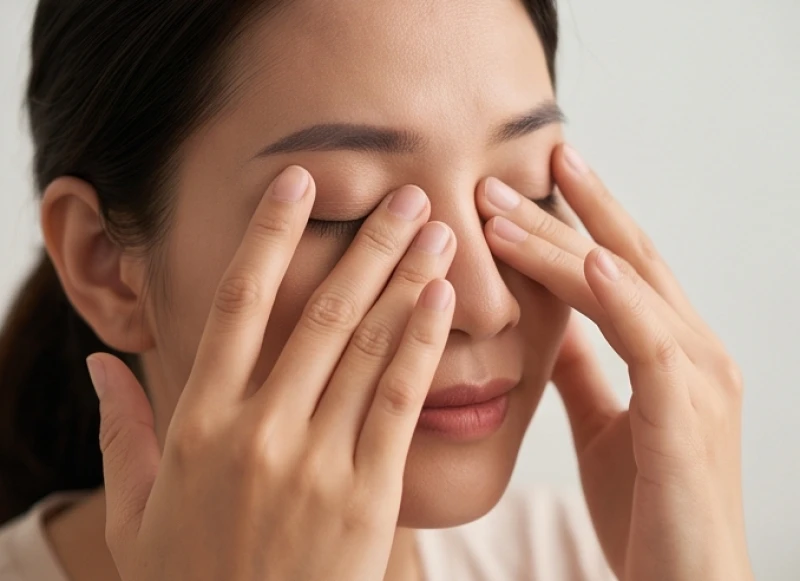 Cận cảnh hai ngón tay miết nhẹ vùng xương hốc mắt để xua tan cơn nhức mỏi