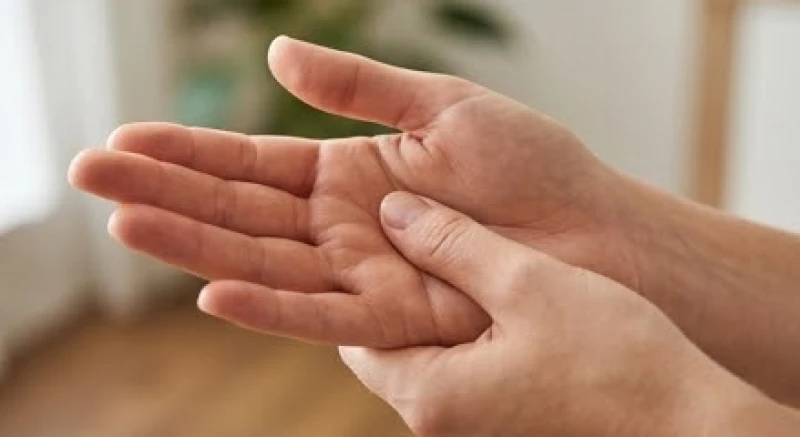 Một người đang nhẹ nhàng dùng ngón tay xoa bóp và massage lòng bàn tay để giải tỏa áp lực