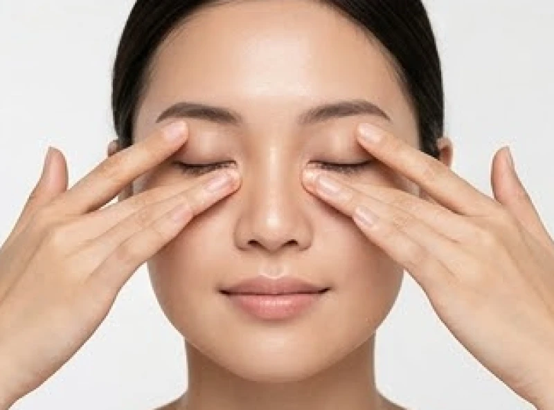 Động tác dùng ngón tay áp út massage nhẹ nhàng theo vòng tròn từ khóe mắt ra ngoài giúp tăng tuần hoàn máu