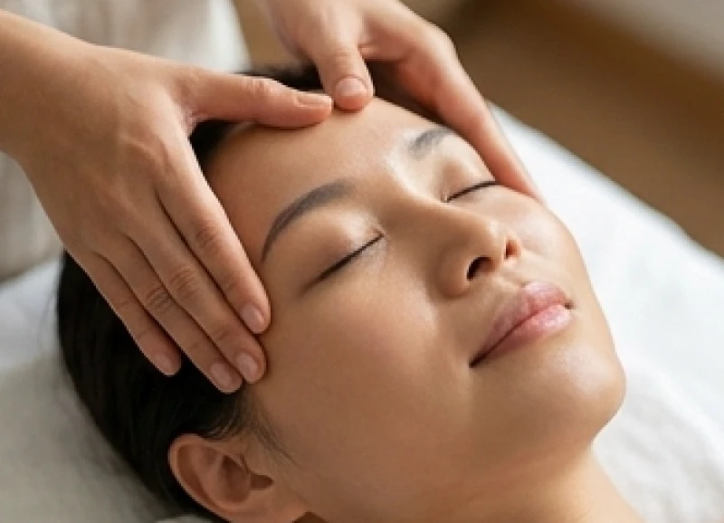 Động tác massage nhẹ nhàng vùng trán giúp giải tỏa căng thẳng và thả lỏng các cơ mặt co rút