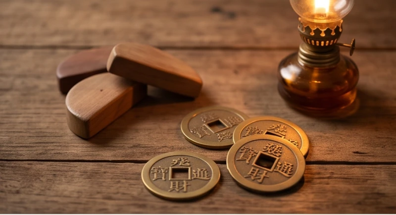 Văn khấn xin đài âm dương gia tiên: Mẫu bài cúng và quy tắc gieo 1 Hai mặt âm và dương của đồng xu cổ kim loại cùng khúc gỗ bán nguyệt dùng trong nghi thức xin đài