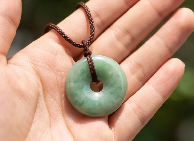 Mặt dây chuyền đồng điếu bằng đá ngọc bích tròn trịa xâu qua sợi dây dù màu nâu